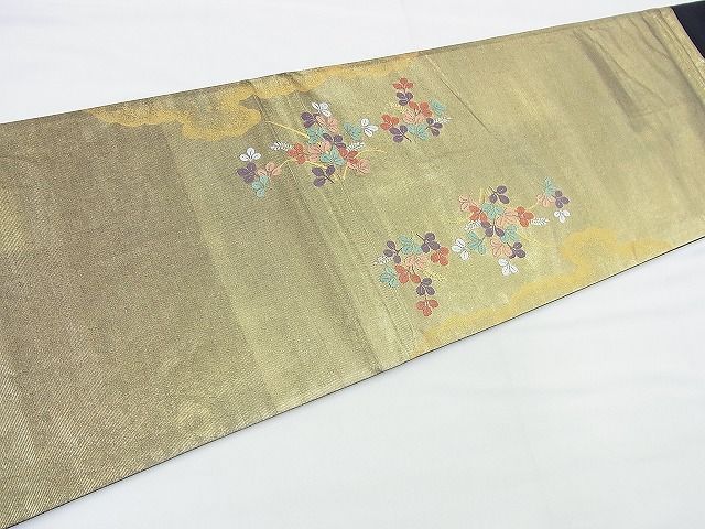平和屋着物◎太鼓柄袋帯 秋草花車文 金糸 引箔 逸品 BAAF2922kj