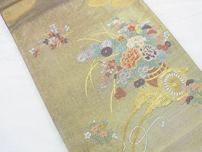 平和屋着物◎太鼓柄袋帯 秋草花車文 金糸 引箔 逸品 BAAF2922kj