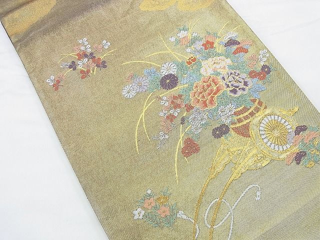 平和屋着物◎太鼓柄袋帯 秋草花車文 金糸 引箔 逸品 BAAF2922kj