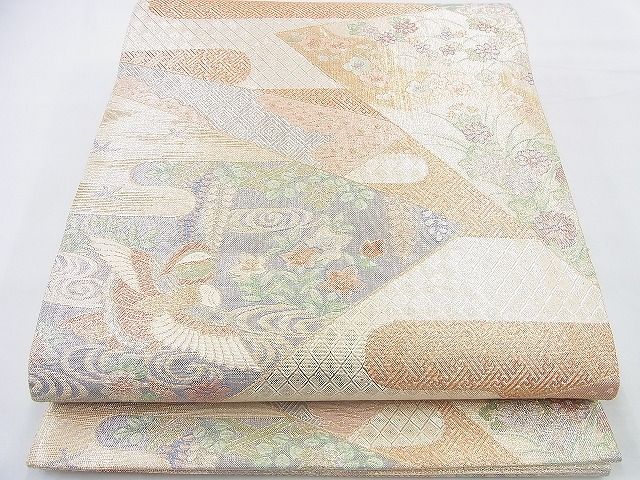 平和屋着物◎宝珠本佐賀錦 六通柄袋帯 エ霞色紙花鳥文 金糸 逸品 BAAF2941kj