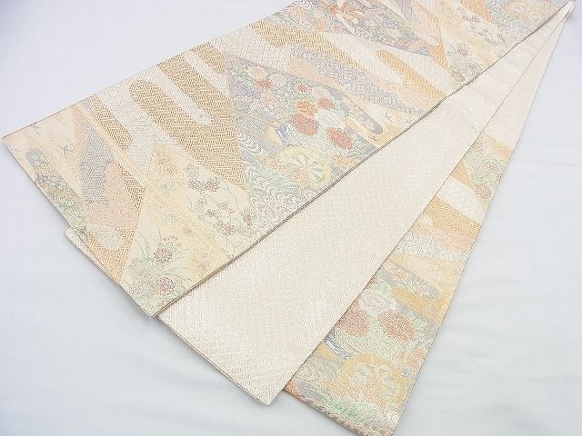平和屋着物◎宝珠本佐賀錦 六通柄袋帯 エ霞色紙花鳥文 金糸 逸品 BAAF2941kj