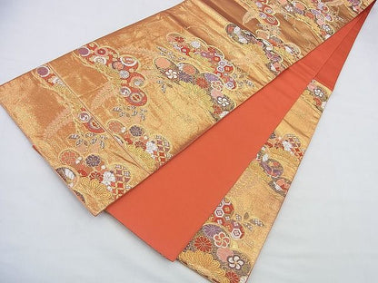 平和屋着物◎六通柄袋帯 唐織 光琳松吉祥花文 金糸 逸品 BAAF2946kj