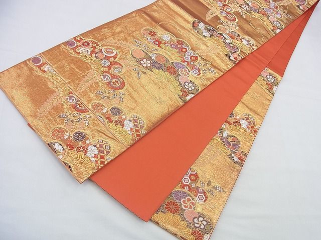 平和屋着物◎六通柄袋帯 唐織 光琳松吉祥花文 金糸 逸品 BAAF2946kj