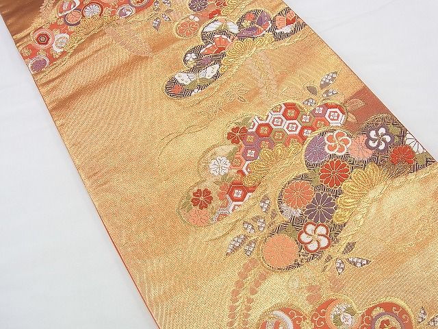 平和屋着物◎六通柄袋帯 唐織 光琳松吉祥花文 金糸 逸品 BAAF2946kj