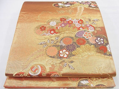 平和屋着物◎六通柄袋帯 唐織 光琳松吉祥花文 金糸 逸品 BAAF2946kj