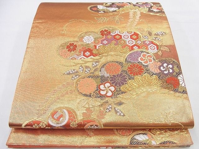 平和屋着物◎六通柄袋帯 唐織 光琳松吉祥花文 金糸 逸品 BAAF2946kj