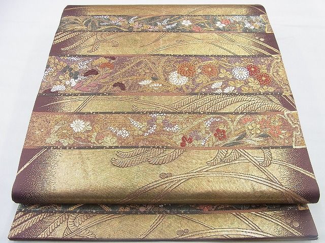 平和屋着物◎六通柄袋帯 唐織 横段春秋花文 金糸 引箔 逸品 BAAF2949kj