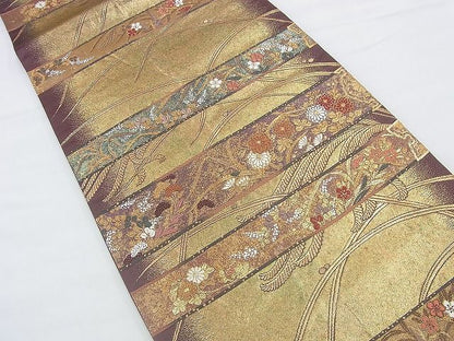 平和屋着物◎六通柄袋帯 唐織 横段春秋花文 金糸 引箔 逸品 BAAF2949kj