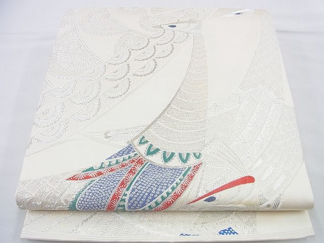 平和屋着物◎六通柄袋帯 唐織 孔雀 銀糸 逸品 BAAF2952kj