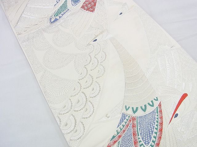 平和屋着物◎六通柄袋帯 唐織 孔雀 銀糸 逸品 BAAF2952kj