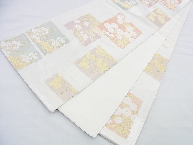 平和屋着物◎六通柄袋帯 唐織 宗達四季草花色紙文 金銀糸 逸品 BAAF2959kj