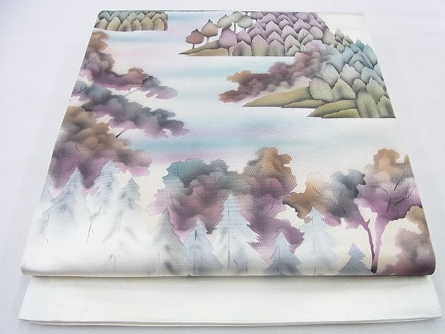 平和屋着物◎太鼓柄袋帯 手描き 水辺樹林文 引箔 逸品 BAAF2965kj