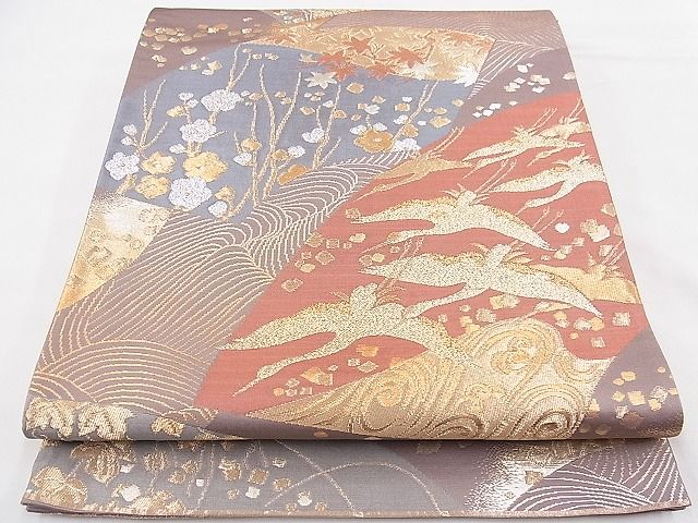 平和屋着物◎六通柄袋帯 琳派飛鶴地紙花文 金銀糸 逸品 BAAF2989kj