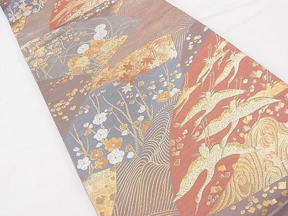 平和屋着物◎六通柄袋帯 琳派飛鶴地紙花文 金銀糸 逸品 BAAF2989kj