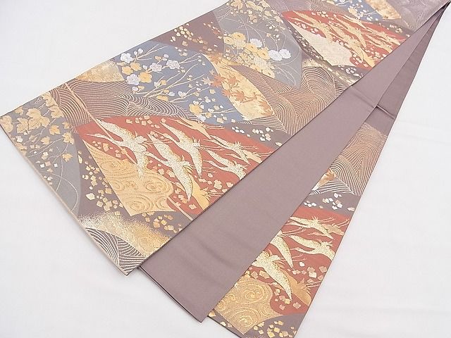 平和屋着物◎六通柄袋帯 琳派飛鶴地紙花文 金銀糸 逸品 BAAF2989kj