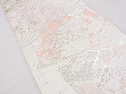 平和屋着物◎六通柄袋帯 唐織 扇面鴛鴦花文 銀糸 逸品 BAAF2991kj