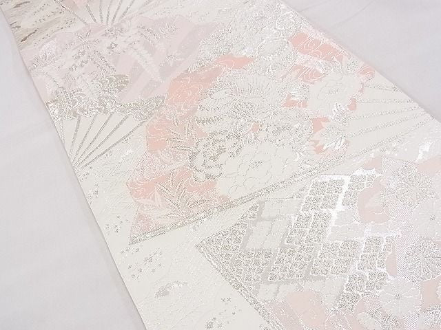 平和屋着物◎六通柄袋帯 唐織 扇面鴛鴦花文 銀糸 逸品 BAAF2991kj