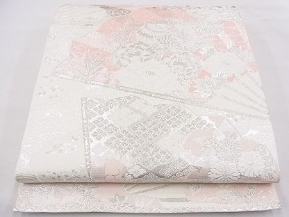平和屋着物◎六通柄袋帯 唐織 扇面鴛鴦花文 銀糸 逸品 BAAF2991kj