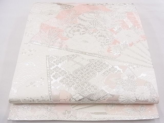 平和屋着物◎六通柄袋帯 唐織 扇面鴛鴦花文 銀糸 逸品 BAAF2991kj