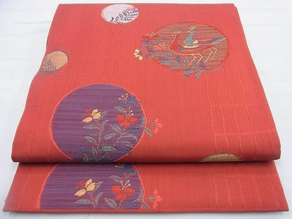 平和屋着物◎六通柄 本袋帯 紬五彩 孔雀花丸文 逸品 BAAF9918du