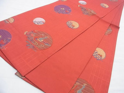 平和屋着物◎六通柄 本袋帯 紬五彩 孔雀花丸文 逸品 BAAF9918du