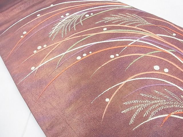 平和屋着物◎太鼓柄袋帯 唐織 芒に露芝 金糸 逸品 BAAF9975du