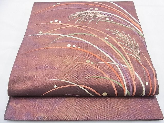 平和屋着物◎太鼓柄袋帯 唐織 芒に露芝 金糸 逸品 BAAF9975du