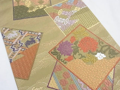 平和屋着物■六通柄袋帯 唐織 色紙重ね動物花鳥文 金糸 逸品 CAAF8131th