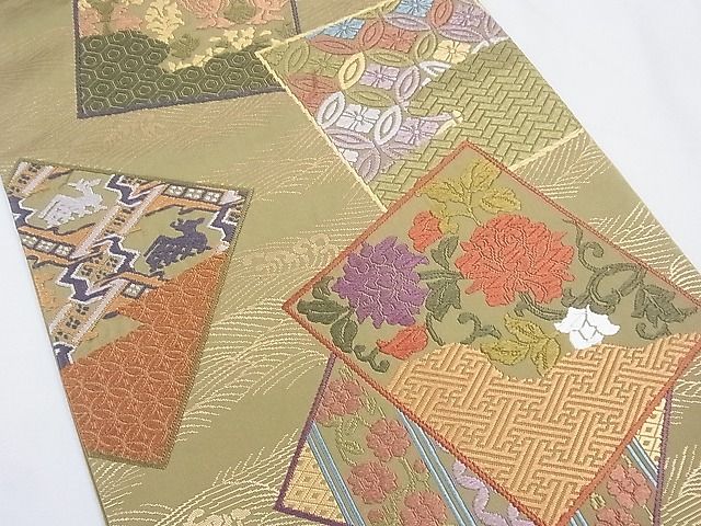平和屋着物■六通柄袋帯 唐織 色紙重ね動物花鳥文 金糸 逸品 CAAF8131th