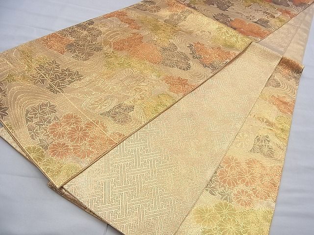 平和屋着物◎佐賀錦 六通柄袋帯 御所車流水草花文 金糸 逸品 BAAG2617du