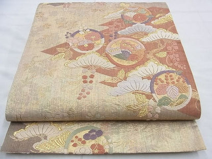平和屋着物◎西陣 六通柄袋帯 唐織 松皮菱花蝶丸文 金糸 逸品 BAAG2698du