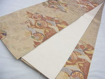 平和屋着物◎西陣 六通柄袋帯 唐織 松皮菱花蝶丸文 金糸 逸品 BAAG2698du