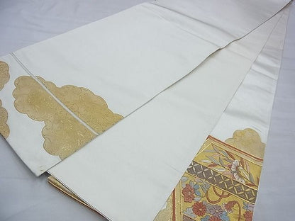 平和屋着物◎太鼓柄袋帯 駒刺繍 幔幕花蝶唐草文 金彩 逸品 BAAG2702du