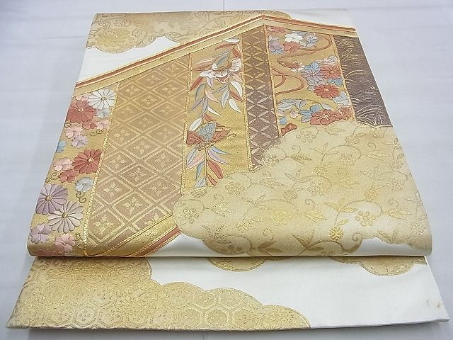 平和屋着物◎太鼓柄袋帯 駒刺繍 幔幕花蝶唐草文 金彩 逸品 BAAG2702du