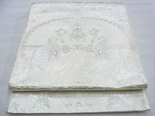 平和屋着物◎六通柄袋帯 向かい孔雀花唐草文 銀糸 逸品 BAAG2719du