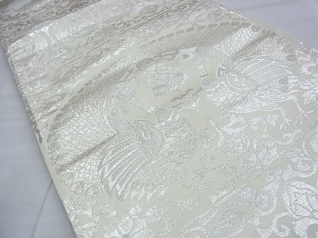 平和屋着物◎六通柄袋帯 向かい孔雀花唐草文 銀糸 逸品 BAAG2719du