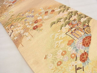 平和屋着物◎六通柄袋帯 唐織 御所車花文 金糸 逸品 BAAG0904qt