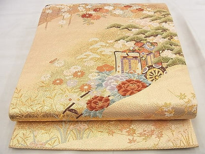 平和屋着物◎六通柄袋帯 唐織 御所車花文 金糸 逸品 BAAG0904qt