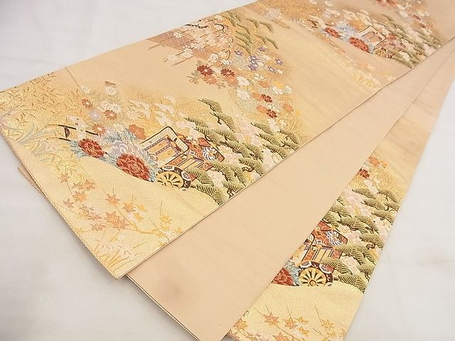 平和屋着物◎六通柄袋帯 唐織 御所車花文 金糸 逸品 BAAG0904qt