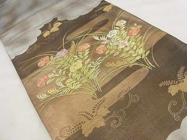 平和屋着物◎太鼓柄袋帯 唐織 草花文 金糸 引箔 逸品 BAAG0877qt