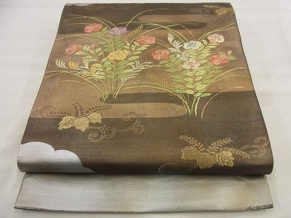 平和屋着物◎太鼓柄袋帯 唐織 草花文 金糸 引箔 逸品 BAAG0877qt