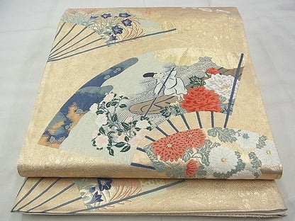 平和屋着物◎六通柄袋帯 唐織 扇面百花 金糸 引箔 逸品 BAAG0987qt