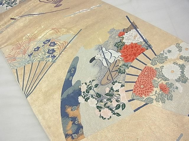 平和屋着物◎六通柄袋帯 唐織 扇面百花 金糸 引箔 逸品 BAAG0987qt