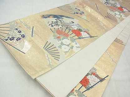 平和屋着物◎六通柄袋帯 唐織 扇面百花 金糸 引箔 逸品 BAAG0987qt