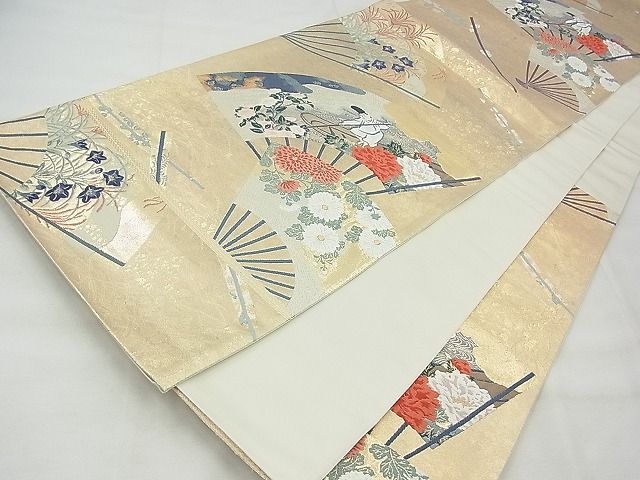 平和屋着物◎六通柄袋帯 唐織 扇面百花 金糸 引箔 逸品 BAAG0987qt