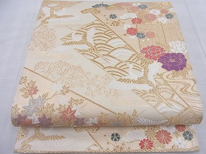 平和屋着物◎六通柄袋帯 唐織 飛鶴色紙草花文 金糸 逸品 BAAF7721ea