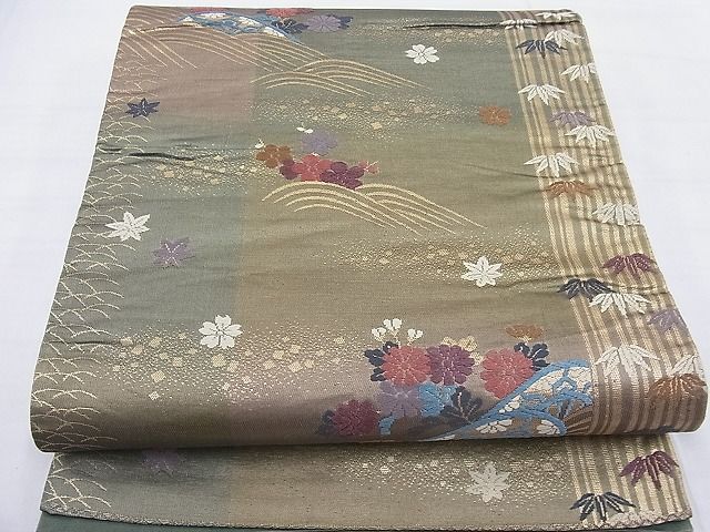 平和屋着物◎六通柄袋帯 唐織 片輪車草花文 金糸 逸品 BAAF7730ea