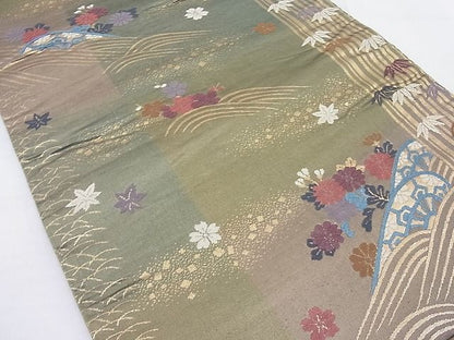 平和屋着物◎六通柄袋帯 唐織 片輪車草花文 金糸 逸品 BAAF7730ea
