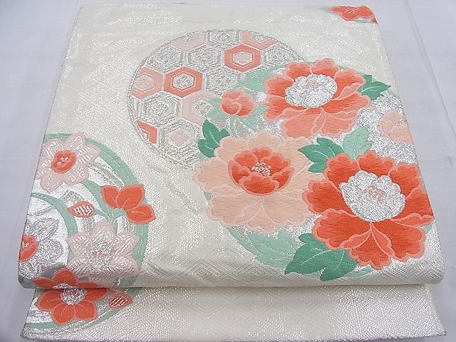平和屋着物◎六通柄袋帯 唐織 有職花丸文 銀糸 逸品 BAAF7754ea