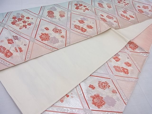 平和屋着物◎六通柄袋帯 唐織 菱天井花丸文 銀糸 逸品 BAAF7760ea